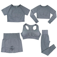 Ensemble de sport OEM 5 pièces Fiess : Leggings taille haute sans couture, short cycliste, brassière de sport et haut court élastique