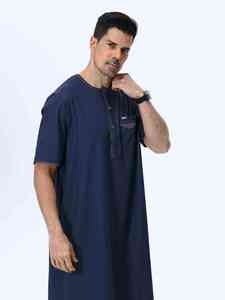 Túnica Azul Marino de Algodón para Hombre, Manga Corta, Largo hasta el Suelo, Cuello Redondo, Uso Diario Informal, Transpirable, Corte Holgado, Estilo de Oriente Medio - Product Image 1