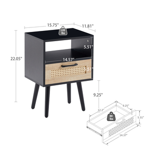 Rattan End <b>Table</b> With Drawer Solid Wood Legs Modern Nightstand <b>Side</b> <b>Table</b> For Living Room Bedroom <b>Black</b> - Product Image 4