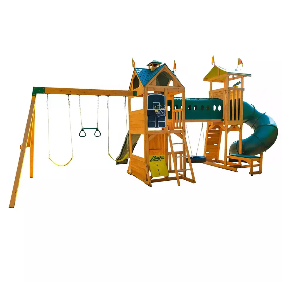 Wood Frame Playhouses outdoor playground home kids and children backyard wooden play swing set with climber