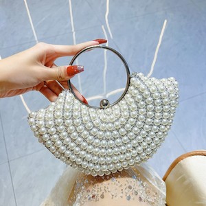 Elegant Pearl-Embellished Evening <b>Clutch</b> with Gold Ring Handle – Perfect for Banquets & <b>Weddings</b> - Product Image 1