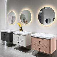 Meuble de salle de bain mural de luxe 80/100/120 CM avec vasque en céramique, meuble-lavabo en contreplaqué et miroir LED intelligent rond