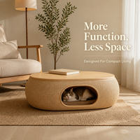 Table basse ottoman scandinave ronde avec plateau en bois naturel et base tressée, design double usage pour salon, convient aux personnes et aux animaux de compagnie