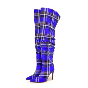 Bottes hautes plissées à imprimé écossais pour femme, grande taille 45, coupe large, à bout pointu, au-dessus du genou - Product Image 6