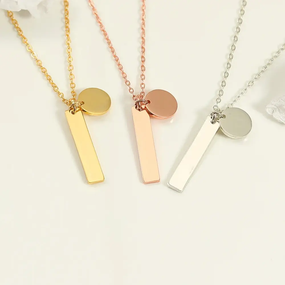 DIY Gold Plating Engraving Letter Tags Coin Necklace No Fade Stainless Steel Custom Name Disk Long Bar Pendant Necklace