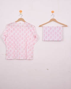 Conjunto de Pijama de Algodón Rosa Vintage, Satinado, Hasta la Rodilla, con Botones, Estampado a Mano, Transpirable, Ropa de Dormir para Verano - Product Image 4