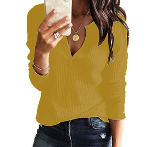 <strong>Women's</strong> Casual Long Sleeve Pullover Sweater Blouses V-Neck Waffle Knit <strong>Henley</strong> <strong>Tops</strong> Front Flower Hand Knitted for Autumn - Product Image 3