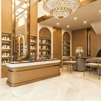 Agencement de magasin de bijoux et montres de luxe : personnalisation complète de la pièce, vitrine en verre, présentoir à bijoux, décoration de magasin