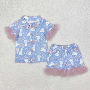 Nueva Llegada, Conjuntos de Verano para Niñas, Pijamas de Conejita de Pascua Rosa y Azul con Borde de Plumas, Ropa de Pascua para Bebés - Product Image 5