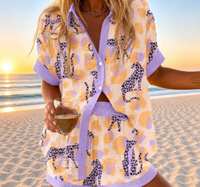 Ensemble deux pièces pour femme, style vacances à la plage transfrontalières, avec chemisier fleuri et haut imprimé à manches courtes pour l'été et l'automne