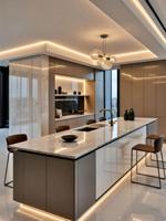 Ensemble d'armoires de cuisine de luxe en contreplaqué écologique personnalisé avec îlot en placage, mobilier de cuisine de villa, conception de modèle 3D