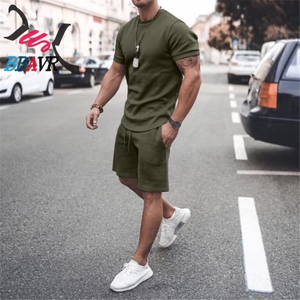 Fashion Blank Color Men's T-shirt and Short Sets Knit Jersey <b>Summer</b> Cotton t Shirt Short Sets for Men - Product Image 3