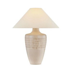 Beige Textured Ceramic Vase Modern Boho Table Lamp | Artisan Natural Lighting for Resort Hotel Guest Room - Product Image 1