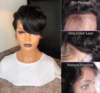 Perruque de Cheveux Humains Coupe Pixie Courte Vierge Indienne, Perruque Frontale en Dentelle HD, Pas Cher, Transparent, pour Femme Noire