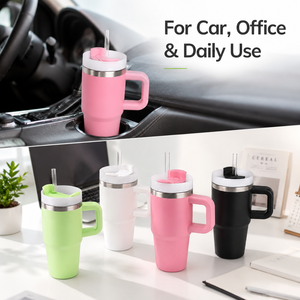 Gobelet isotherme en acier inoxydable de 14 oz avec poignée et paille, tasse à café portable pour voiture, tasse personnalisable avec logo - Product Image 5