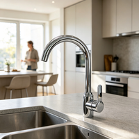 Keran Dapur Chrome Poles Berkilau, Air Panas Dingin, Putar 360°, Pancuran Tinggi, Pemasangan di Dek, dengan Cartridge Keramik