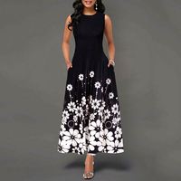 Robes d'été pour femmes, sans manches, col rond, imprimé floral, style européen, élégante robe longue décontractée de style A