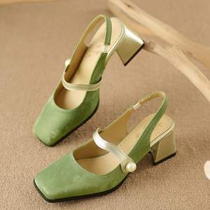 Large <b>Size</b> 48 Women Square Toe Satin Sandals Party Back Strap 6cm Chunky High <b>Heels</b> Wide Fit Pearl Buckle Shoes - Product Image 6