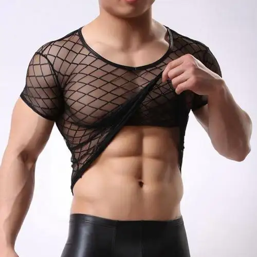 Night Club Sexy Men Short Sleeve Mesh T-Shirt See-through Slim-Fit Comfortable Mesh Top Openwork Top