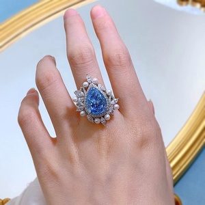 Nuovo Anello in Argento Sterling 925 con Diamante ad Alto Contenuto di Carbonio, <span class=keywords><strong>Acquamarina</strong></span> Blu Trendy 11x15mm a Goccia con Perla Incastonata - Product Image 4