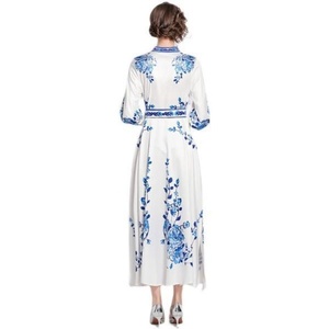 Robe longue <span class=keywords><strong>bohème</strong></span> <span class=keywords><strong>chic</strong></span> pour <span class=keywords><strong>femme</strong></span>, imprimé floral, col montant, manches lanternes longues, fendue, ceinturée, pour soirée, printemps-automne - Product Image 4