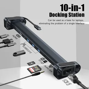 USB C Hub Multiport Adapter 10 In 1 Portable Dongle 4K HDMI PD 100W USB 3.0 Gigabit Ethernet RJ45 Docking Station Laptop Stand