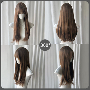 Perruque synthétique longue et droite brun châtain de 27 pouces avec frange complète et cuir chevelu simulé pour femme, idéale pour le quotidien, les fêtes et le cosplay - Product Image 2