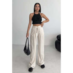 Pantalon large en lin taille haute couleur naturelle respirant décontracté pour femme - Product Image 5