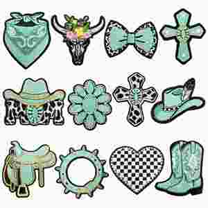 Patchs thermocollants en denim turquoise style western cowboy, motifs vache, carreaux et broderie croisée, pour chapeaux et vêtements DIY - Product Image 1