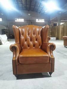 Vintage Houten Frame Tan Lederen Vleugel Fauteuil Getuft <span class=keywords><strong>Wingback</strong></span> Stoel Voor Woonkamer - Product Image 3