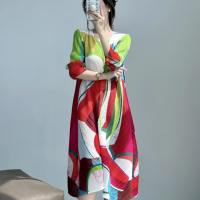 Robe plissée décontractée à imprimé contrastant Miyake, style coréen et européen, pour femme, idéale pour le bureau ou les soirées.