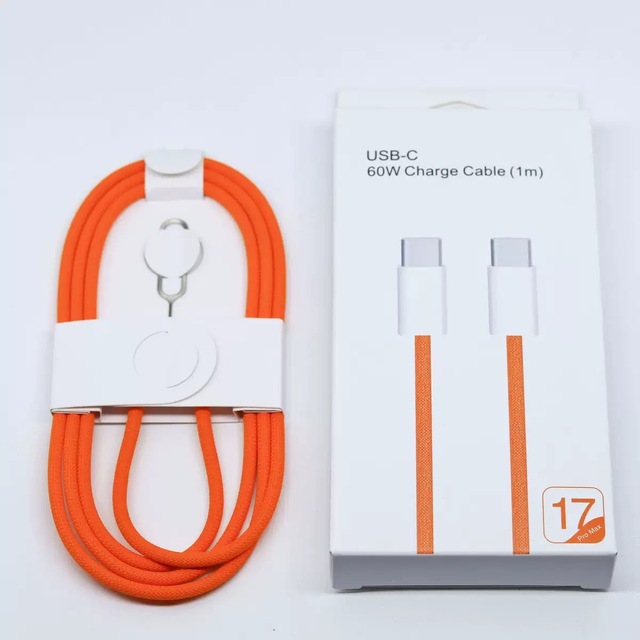 Mobile Fast Quick Charge Dual C Braided Cable for iPhone 17 60W Orange Color Dual Type-C PD Charging Data Cable