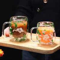 Mug à café à double paroi en verre borosilicate, design fleur séchée, capacité 300 ml, fait main, sans BPA, résistant à la chaleur, vente chaude