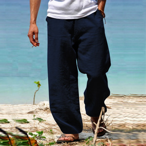Pantalon droit ample en coton et lin pour hommes, respirant, décontracté, léger, pour la plage et les voyages, blanc, gris - Product Image 3