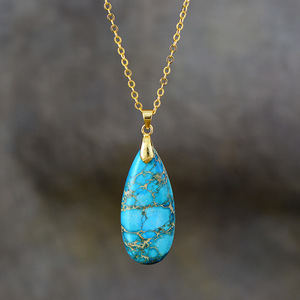 Teardrop Turquoise Pendant Necklace 18K Gold Plated Zinc Alloy Bezel Setting Unisex Gift Jewelry - Product Image 1