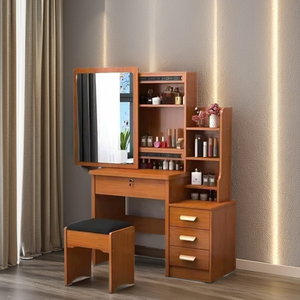 Coiffeuse moderne en bois avec tiroirs, miroir sur pied réglable et éclairage, pour salle de bain, design panneau, marque JMY - Product Image 1