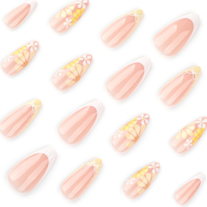 24 <span class=keywords><strong>faux</strong></span> ongles nude en amande en ABS, peints à la main, motif marguerite et nœud, style français blanc, pour les doigts - Product Image 3