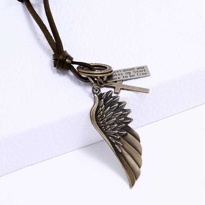 Men's Feathers Circle Cube Bullet Ring Pendant Adjustable Leather Cord  Necklace