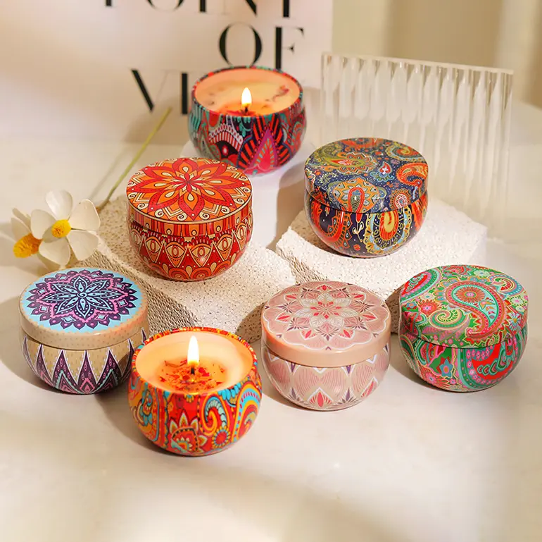 Hanio kaleng logam dekorasi rumah mewah 4 buah Set hadiah lilin sumbu katun Aroma lilin wangi