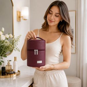 Factory Custom PU Leather Cylinder Cosmetic Bag Portable Travel Beauty Organizer Makeup <b>Storage</b> Case - Product Image 4