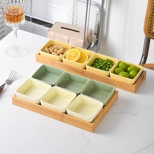 Plato cuadrado de cerámica para aperitivos con bandeja de bambú, plato dividido para aperitivos, plato para salsa de hot pot, uso doméstico - Product Image 4