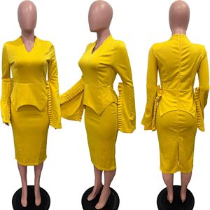 Vestido de moda para mujer con cuello en V, manga amplia con pliegues, color liso y abertura, corte ajustado - Product Image 6