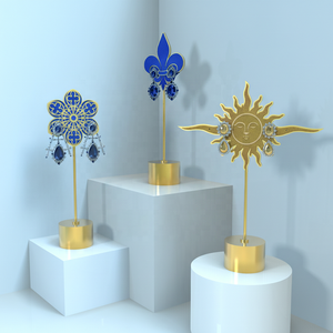 Expositor de Joyería de Lujo de Alta Gama con Motivos Solares Iris, Soporte para Pendientes Perforados y Collares, de Metal y Terciopelo Azul/Amarillo para Venta Minorista - Product Image 4