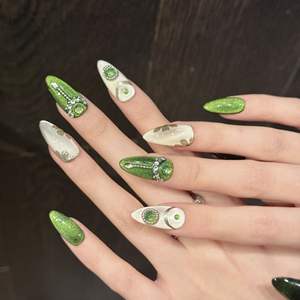 Uñas Postizas Hechas a Mano con Forma de Almendra, Color Verde Ojo de Gato, Primavera/Verano, Juego de Uñas Largas para Decoración de Uñas, 10 Piezas, GZ RTS, Pedido Mixto al por Mayor - Product Image 3