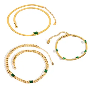 优质钢祖母绿方形锆石锁骨链套装18k镀金个性化蛇古巴链手链项链