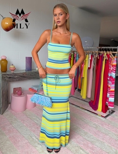Colorful Striped Print Two Piece Swimsuits Knitted <strong>Cover</strong> <strong>up</strong> Spaghetti Straps <strong>Swim</strong> <strong>Dress</strong> Long Knit Beachwear for Women - Product Image 2