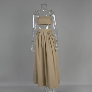 Ensemble deux pièces en coton 100% pour femme, style bohème estival, blanc, avec bustier à bretelles spaghetti, haut court et jupe longue fluide avec poches, coordonné - Product Image 3