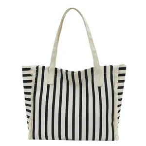 Large Fringes Canvas Tote Bag With Striped Print Women Cotton Canvas Handbag Black and White Striped Canvas Tote