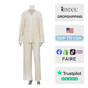 Roupas femininas soltas de escritório, venda quente de roupas femininas para escritório, <span class=keywords><strong>casual</strong></span>, soltas, plissadas, duas peças, manga comprida, perna larga, roupas elegantes - Product Image 2