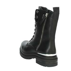 Bottines pour femmes, noires, taille 36, style combat, à lacets, en cuir véritable, bout rond, semelle en caoutchouc - Product Image 2